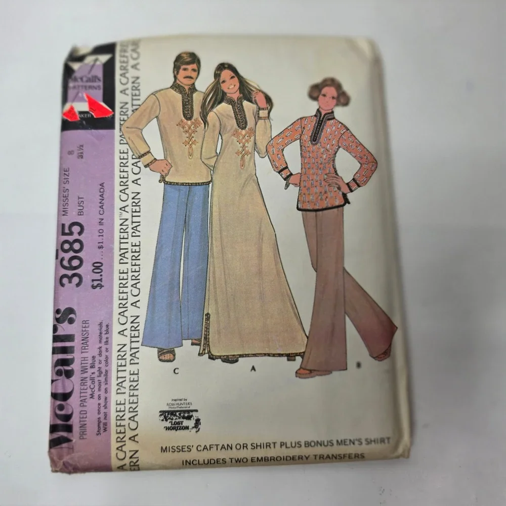Vtg 1970s McCalls 3685 Caftan Maxi Dress Mens Shirt Pattern Lost Horizon Boho
